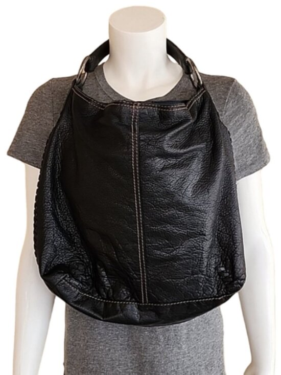 Lucky Brand Handbags - LUCKY BRAND Whipstitch Black Pebbled Leather Hobo Shoulder Bag Studs VINTAGE Y2K